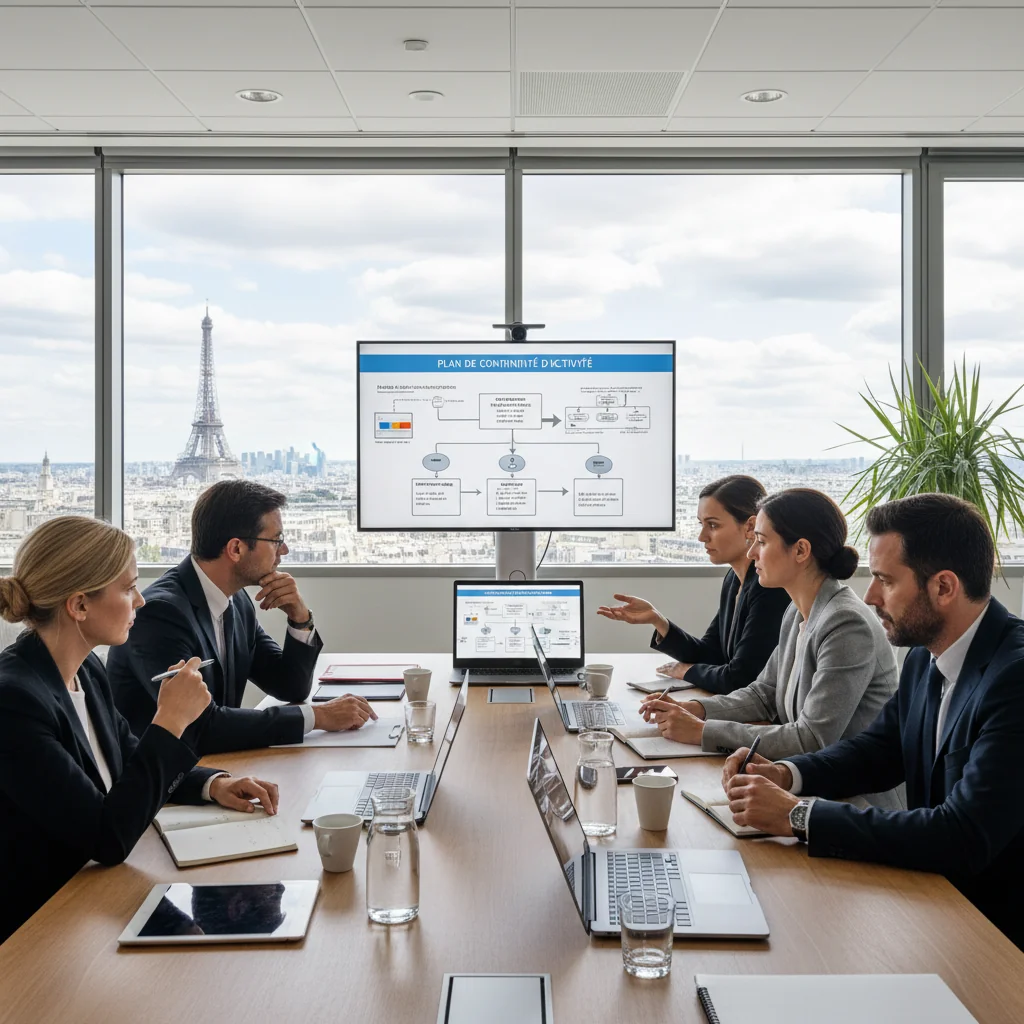 A photorealistic image depicting business continuity in a French corporate setting, showing a diverse team of professionals in a modern office collaboratively reviewing digital plans on multiple screens during a crisis simulation, with subtle French elements like the Eiffel Tower visible through a window, emphasizing resilience and preparedness without focusing on documents.
