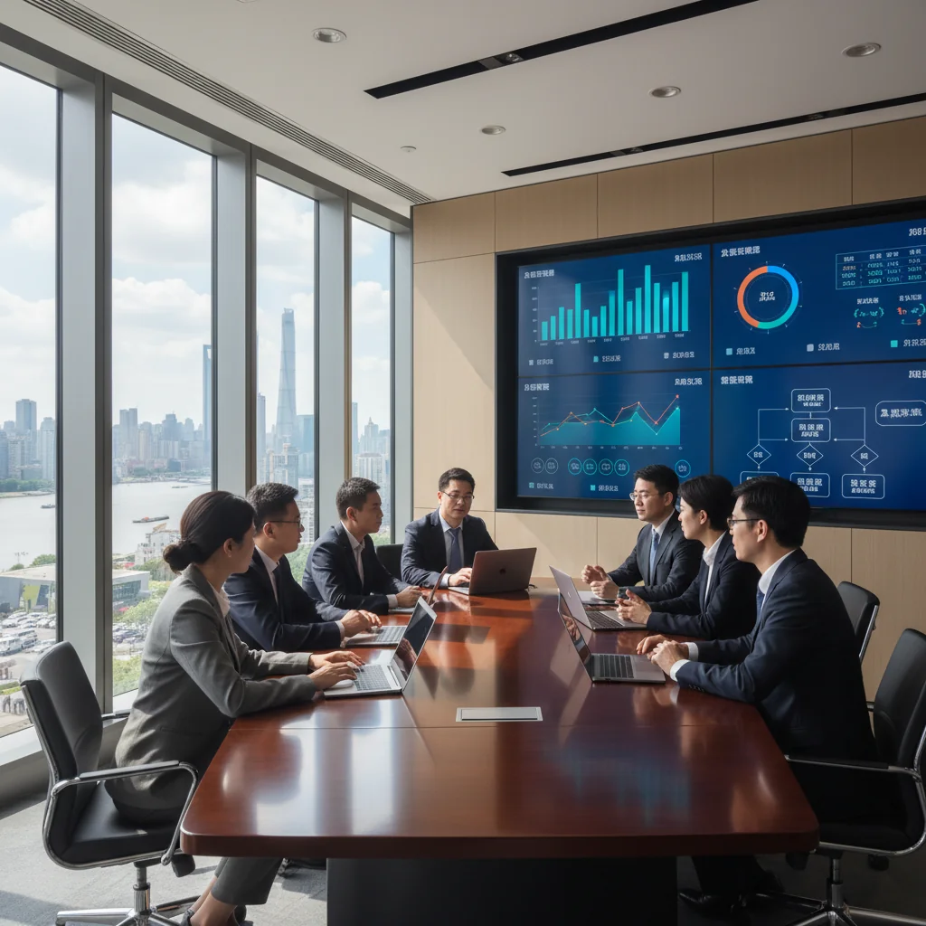 A photorealistic image depicting business continuity in a modern Chinese corporate office, showing diverse adult professionals in a meeting room reviewing contingency plans on laptops, with city skyline view, emphasizing resilience and preparedness without any documents visible.