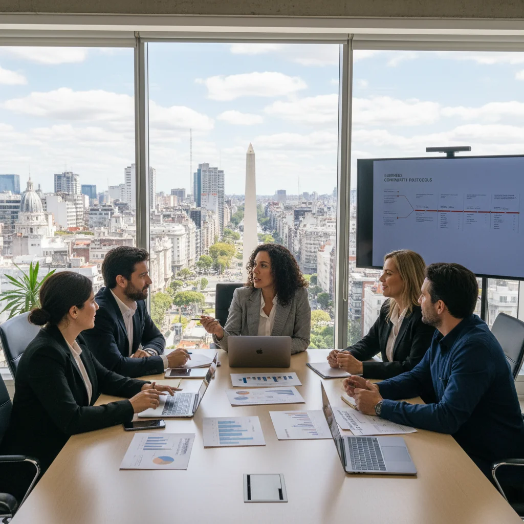 A photorealistic image depicting business continuity in Argentina, showing a diverse team of adult professionals in a modern office setting in Buenos Aires, collaborating confidently around a conference table with city skyline view, symbolizing resilience and preparedness against disruptions, no children present.