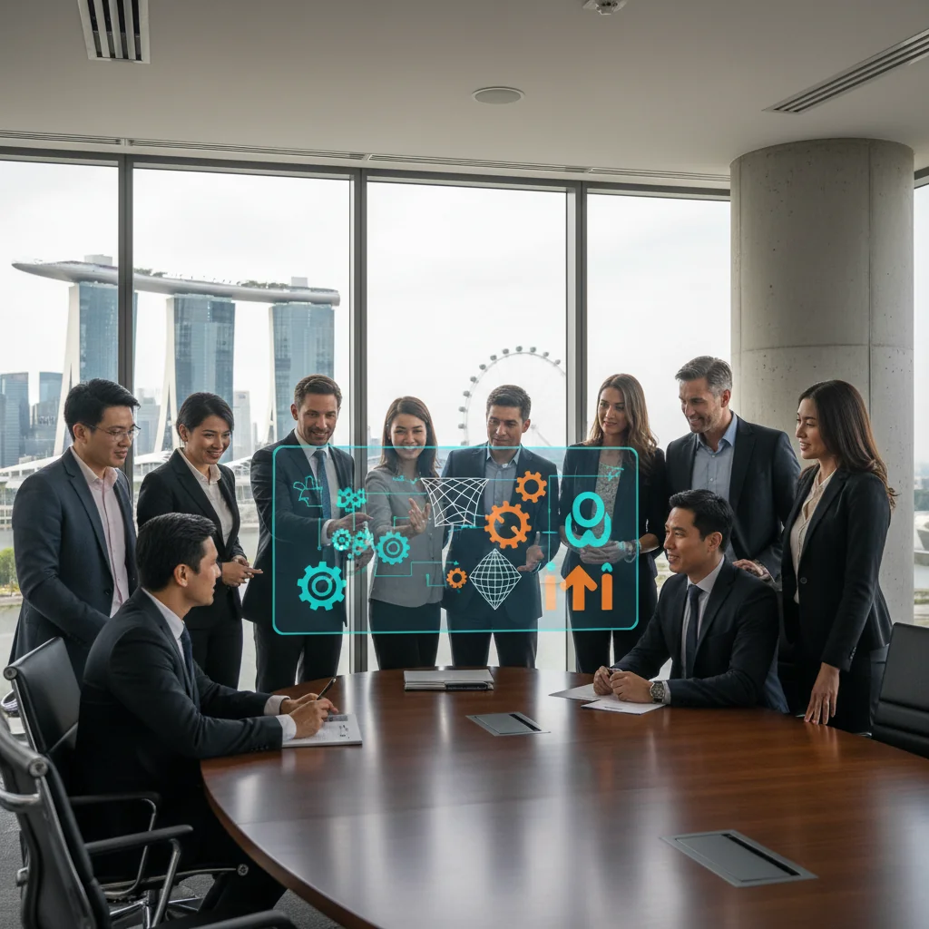 A photorealistic image depicting business resilience in a modern Singapore office environment, showing diverse adult professionals collaboratively reviewing contingency strategies on a digital screen, with subtle Singapore skyline in the background, symbolizing preparedness and continuity without focusing on documents.