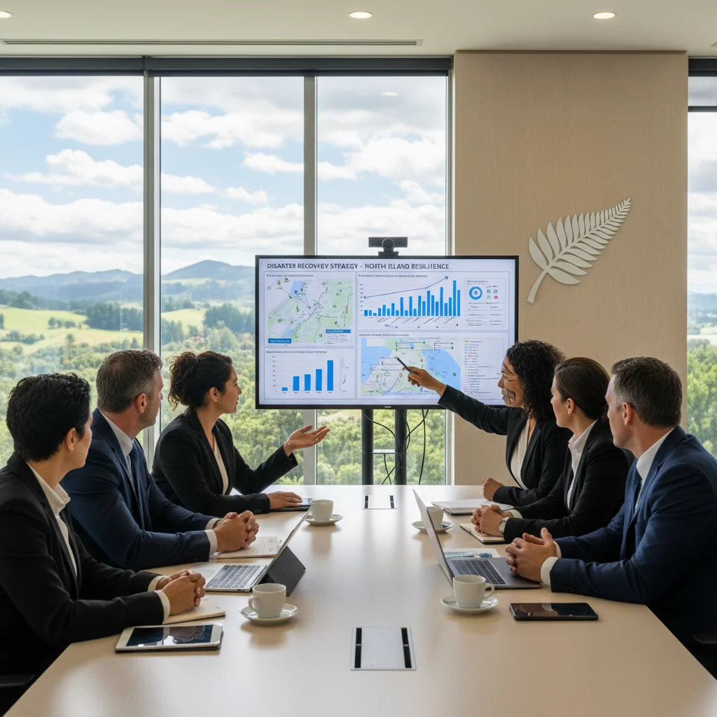 A photorealistic image depicting a diverse team of adult professionals in a modern New Zealand office, collaboratively reviewing disaster recovery plans on a large screen, with subtle Kiwi elements like a fern motif in the background, conveying resilience and preparedness after a natural disaster like an earthquake, no children present.