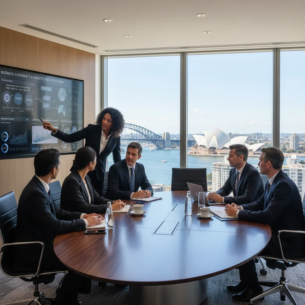A photorealistic image of a diverse team of adult professionals in a modern Australian corporate office, collaboratively reviewing a business continuity plan on a large digital screen, with elements like maps of Australia and disaster preparedness icons in the background, conveying compliance and preparedness without showing any documents or children.