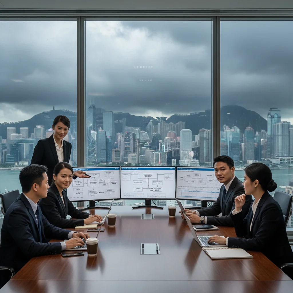 A photorealistic image depicting business continuity in Hong Kong, showing a diverse team of professionals in a modern office overlooking the Victoria Harbour skyline, collaboratively reviewing digital plans on laptops and tablets during a simulated crisis, symbolizing preparedness and resilience without any focus on documents.
