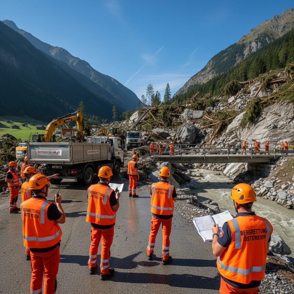 A photorealistic scene depicting emergency and disaster recovery efforts in Austria, showing adult professionals in high-visibility gear coordinating response at a disaster site with Austrian Alps in the background, emphasizing preparedness and resilience without focusing on any documents.