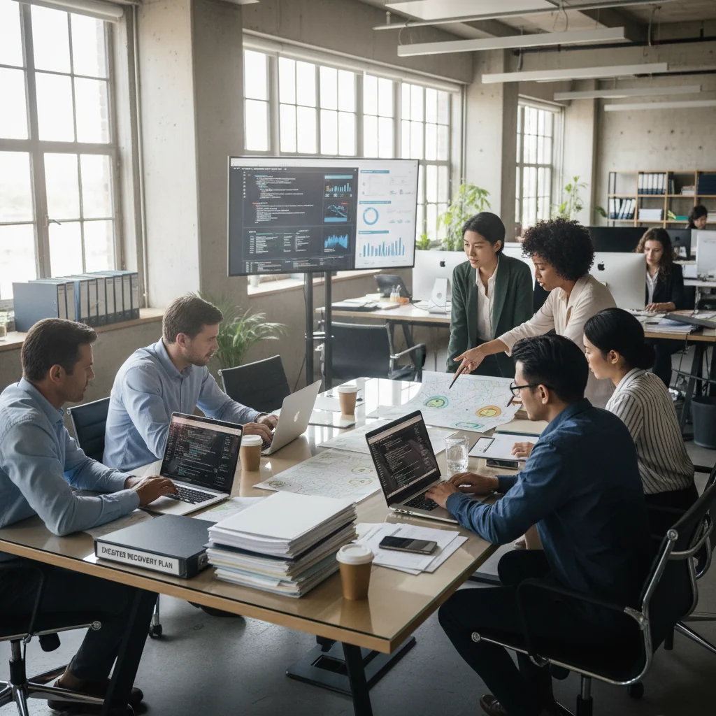 A photorealistic scene depicting a professional team in a modern office recovering from a simulated disaster, such as restoring data on computers and coordinating recovery efforts, symbolizing effective disaster recovery planning.
