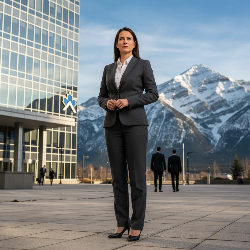 A photorealistic image of a resilient Canadian business leader standing confidently in front of a modern office building with a snowy mountain backdrop, symbolizing recovery and strength after a disaster, conveying hope and strategic planning for business continuity.