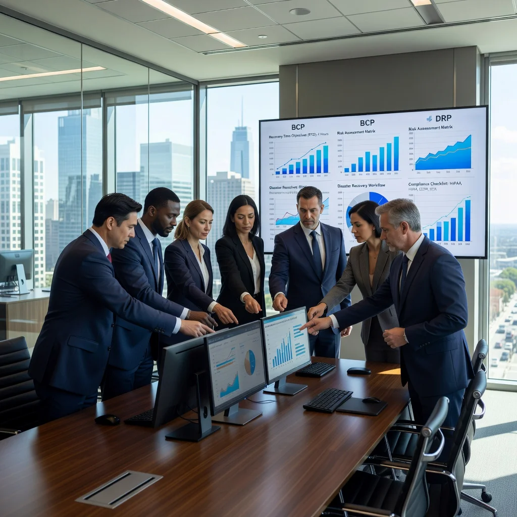 A photorealistic image of a diverse group of professional adults in a modern corporate conference room, collaboratively reviewing digital dashboards on large screens displaying business continuity and disaster recovery metrics, symbolizing navigation of compliance requirements for BCP and DRP in the US, with no children present, no documents or papers shown.