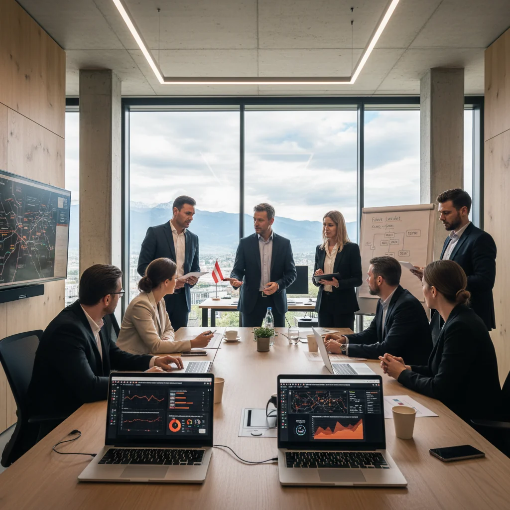 A photorealistic image depicting a professional emergency response scenario in an Austrian corporate setting, showing a diverse team of adults in business attire calmly coordinating recovery efforts in a modern office after a simulated disaster, with elements like backup servers and recovery charts in the background, emphasizing preparedness and resilience without focusing on documents.
