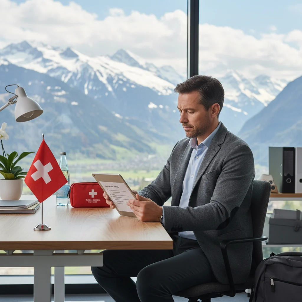 A photorealistic hero image depicting a calm adult professional in a modern Swiss office setting, reviewing an emergency preparedness checklist on a tablet, with subtle Swiss flag elements in the background to evoke national emergency planning without focusing on documents.