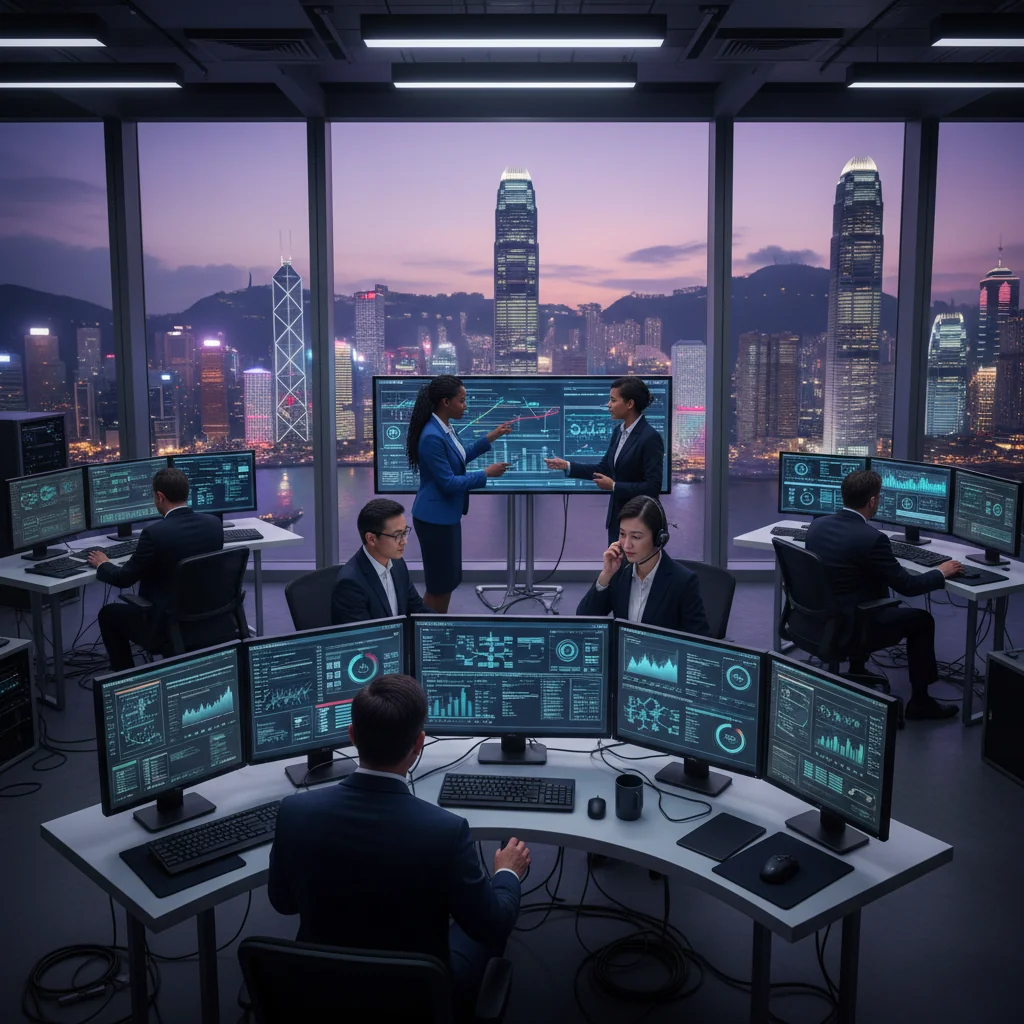 A photorealistic image depicting business continuity and disaster recovery in a Hong Kong corporate setting, showing professionals in a modern office monitoring computer screens with recovery dashboards during a simulated crisis, with Hong Kong skyline in the background through large windows, emphasizing resilience and preparedness without any focus on documents.