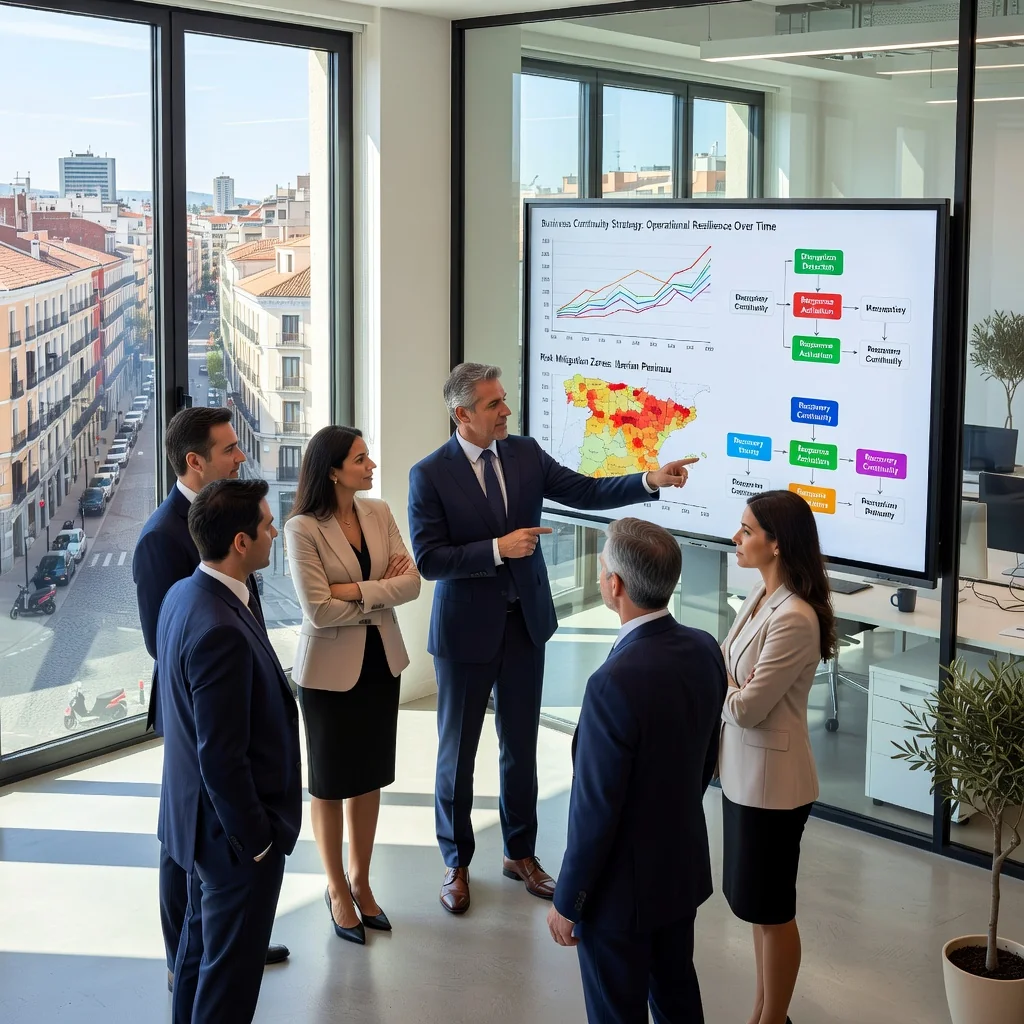 A photorealistic image of a diverse team of adult professionals in a modern Spanish office setting, collaboratively reviewing a business continuity plan on a digital screen, symbolizing preparedness and resilience for business operations in Spain. The scene conveys confidence, teamwork, and strategic planning, with elements like a Spanish flag or Madrid skyline in the background to localize it.