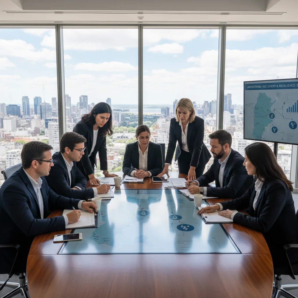 A photorealistic image depicting a diverse team of Argentine business professionals in a modern office in Buenos Aires, collaboratively reviewing disaster recovery plans on laptops and charts, with subtle Argentine elements like a flag in the background, conveying resilience and preparedness against natural disasters such as floods or earthquakes.