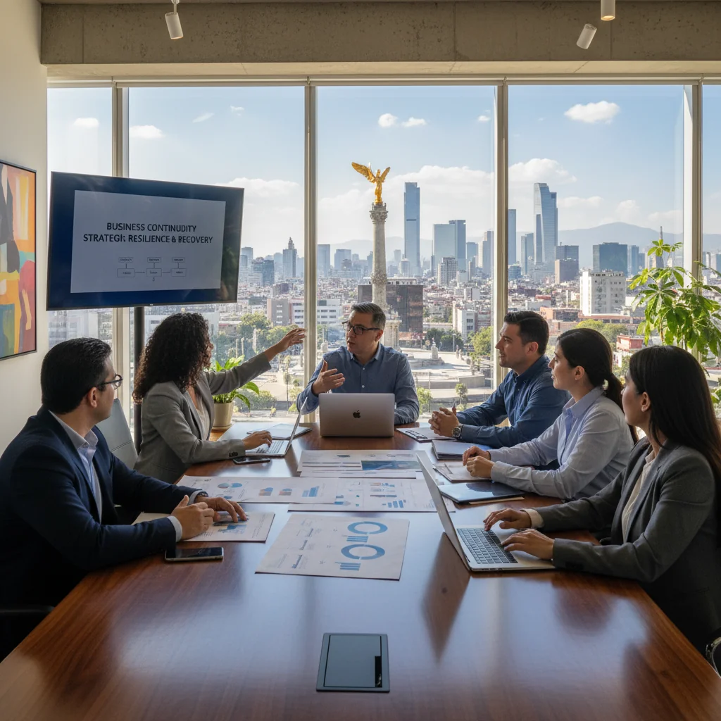 A photorealistic image symbolizing business continuity in a Mexican context, featuring a diverse group of professional adults in a modern office setting in Mexico City, with the iconic skyline visible through large windows, showing resilience and preparedness as they collaborate on recovery plans during a simulated disruption, no children present.
