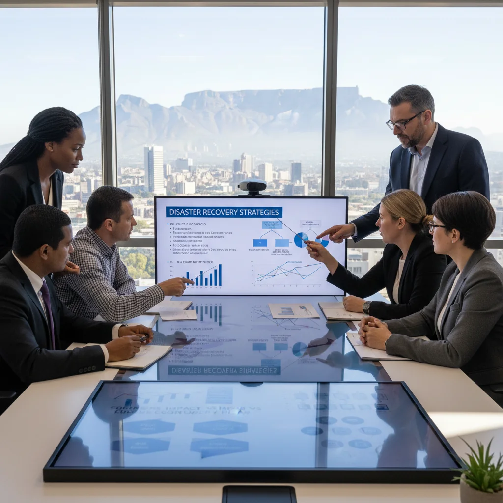A photorealistic image depicting a diverse group of South African business professionals in a modern office setting, collaboratively reviewing recovery plans on a large digital screen, with subtle South African landmarks visible through the window, symbolizing resilience and strategic planning after a disaster, no children present.
