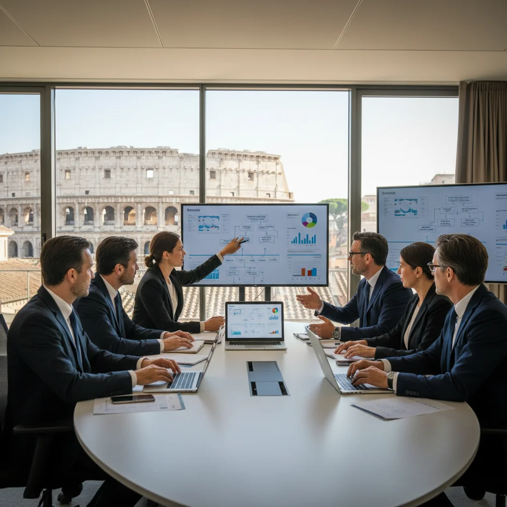 A photorealistic image depicting business continuity in an Italian corporate setting, showing a diverse team of professionals in a modern office in Italy, collaborating confidently around a conference table with laptops and digital screens displaying recovery plans, overlooking a scenic Italian cityscape like Rome or Milan, conveying resilience and preparedness without focusing on documents.