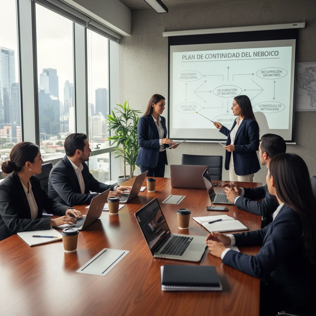 A photorealistic image of a diverse group of Mexican business professionals in a modern office in Mexico City, collaboratively reviewing a business continuity plan on a large digital screen, symbolizing preparedness and resilience against disruptions, with elements like the Mexican flag subtly in the background, no children present.