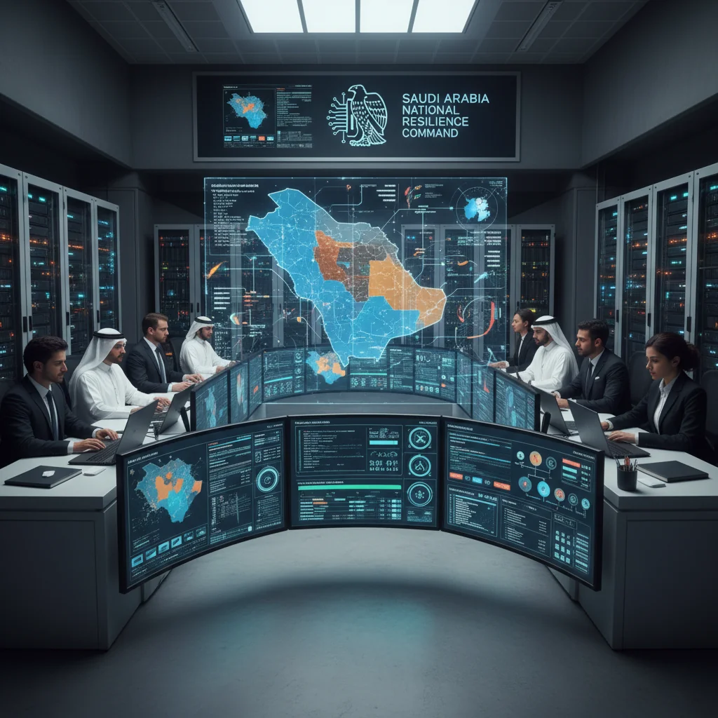 A photorealistic image of a modern Saudi Arabian business continuity center with professionals monitoring disaster recovery operations on large screens, showing resilience and preparedness in a high-tech environment, no children present.