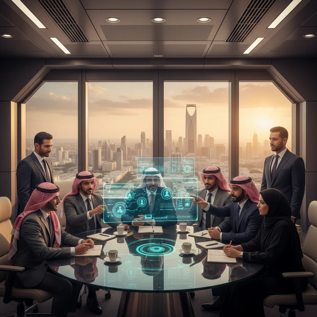 A photorealistic image of a diverse team of Saudi Arabian business professionals in a modern office setting in Riyadh, actively collaborating on disaster recovery strategies. They are gathered around a conference table with laptops and digital screens displaying recovery plans, charts, and maps of Saudi Arabia. The atmosphere is one of focused determination and resilience, symbolizing corporate preparedness against disasters like cyberattacks or natural events. The scene captures professionalism and unity without any documents or papers in focus. No children are present in the image.