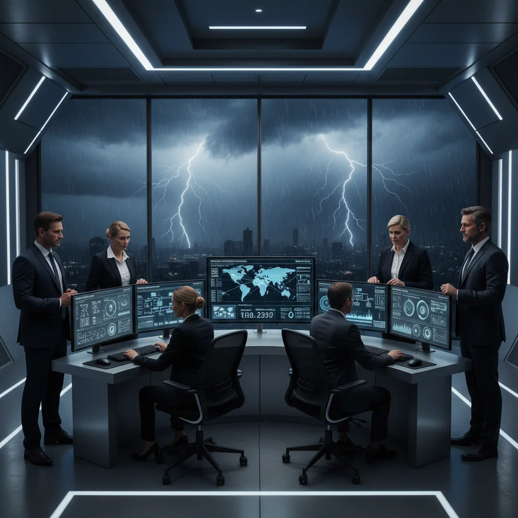 A photorealistic image depicting business continuity and disaster recovery in action, showing a diverse team of professionals in a modern office monitoring digital dashboards and servers during a simulated crisis, with elements like backup systems and recovery charts in the background, conveying preparedness and resilience without focusing on documents.