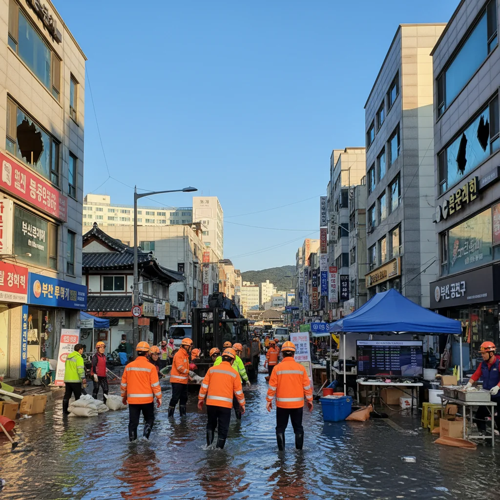 A photorealistic hero image depicting the aftermath of a natural disaster in South Korea, such as a flooded urban area with emergency responders in action, symbolizing the importance of disaster recovery planning. Adult professionals are coordinating relief efforts, with rescue teams helping affected residents, conveying resilience and preparedness without focusing on any documents.