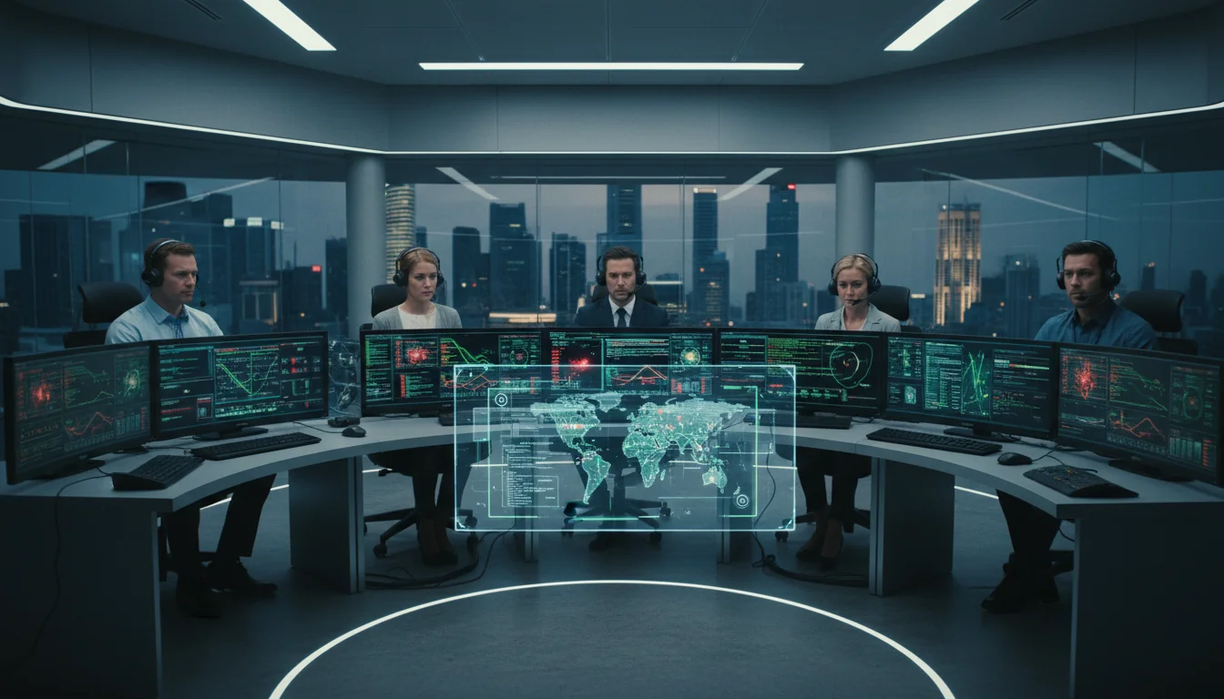 Cybersecurity team monitoring systems.