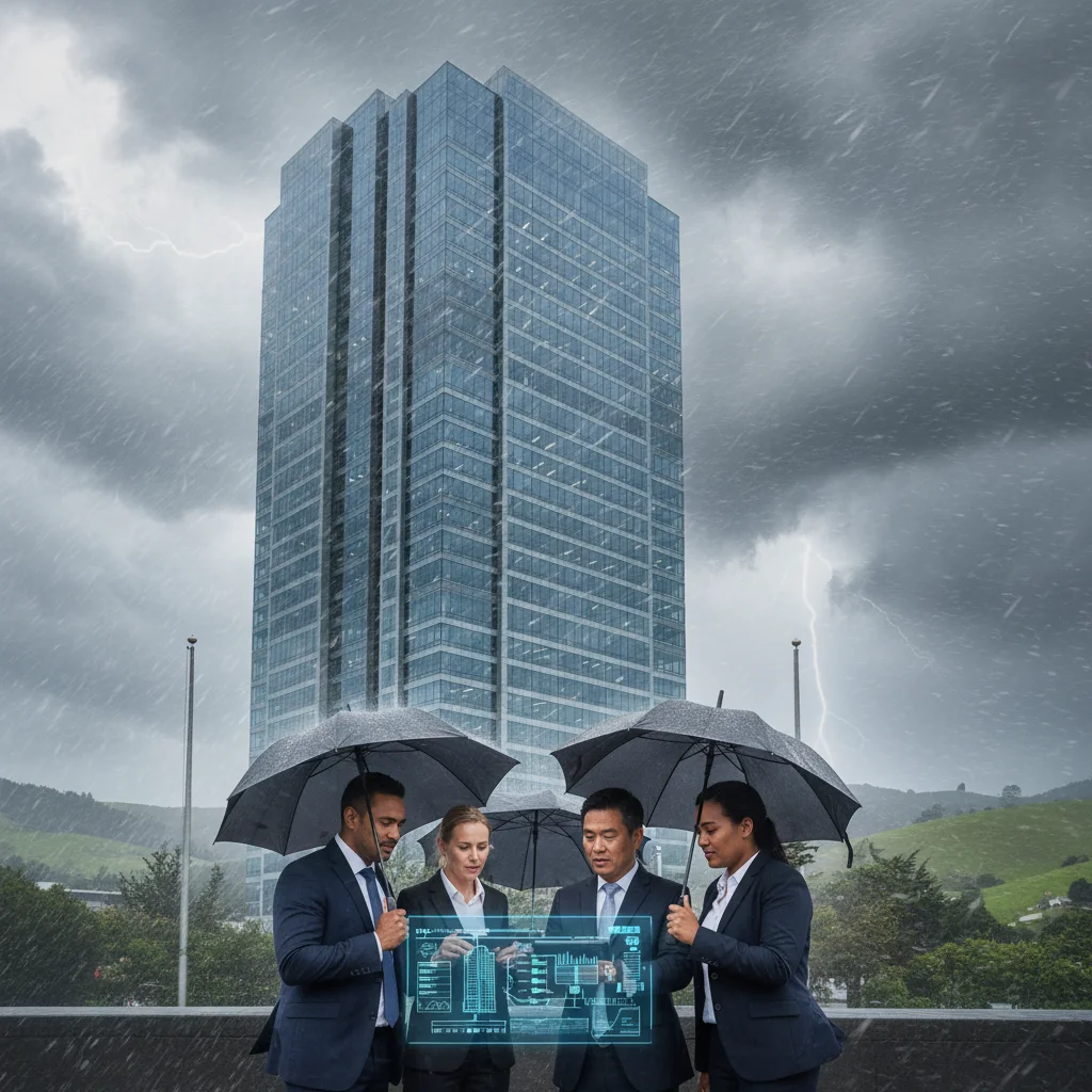 A photorealistic image of a modern New Zealand office building standing resilient against a dramatic stormy sky with dark clouds and lightning, symbolizing robust business continuity and disaster recovery planning. In the foreground, a diverse group of adult professionals in business attire stands confidently outside the building, discussing plans on a tablet, with the New Zealand flag subtly visible in the background. No children are present in the image.