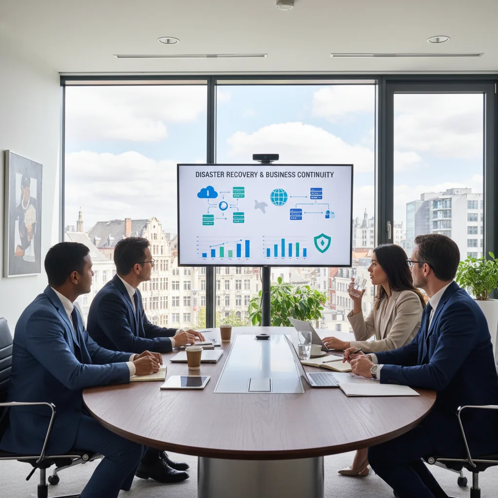 A photorealistic image of a professional business meeting in a modern Belgian office, where a diverse group of adult executives is discussing disaster recovery and business continuity plans on a digital screen, emphasizing preparedness and compliance, with no children present.