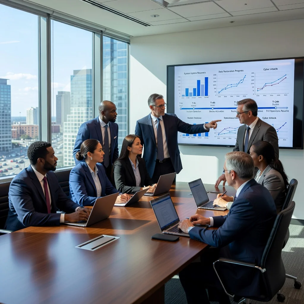 A photorealistic image depicting a professional business team in a modern US office collaboratively reviewing a disaster recovery plan on a large screen, symbolizing preparedness and resilience against business disruptions, with no children present.