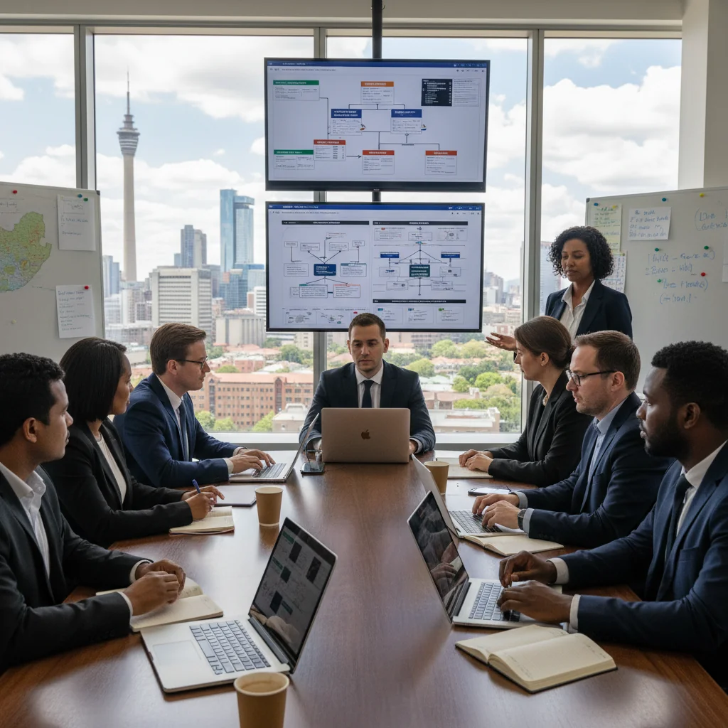 A photorealistic image depicting business resilience in South Africa, showing a diverse team of adult professionals in a modern office setting, collaboratively reviewing digital plans on multiple screens during a simulated disaster recovery exercise, with subtle South African elements like a flag or skyline in the background, conveying preparedness and continuity without any focus on documents.
