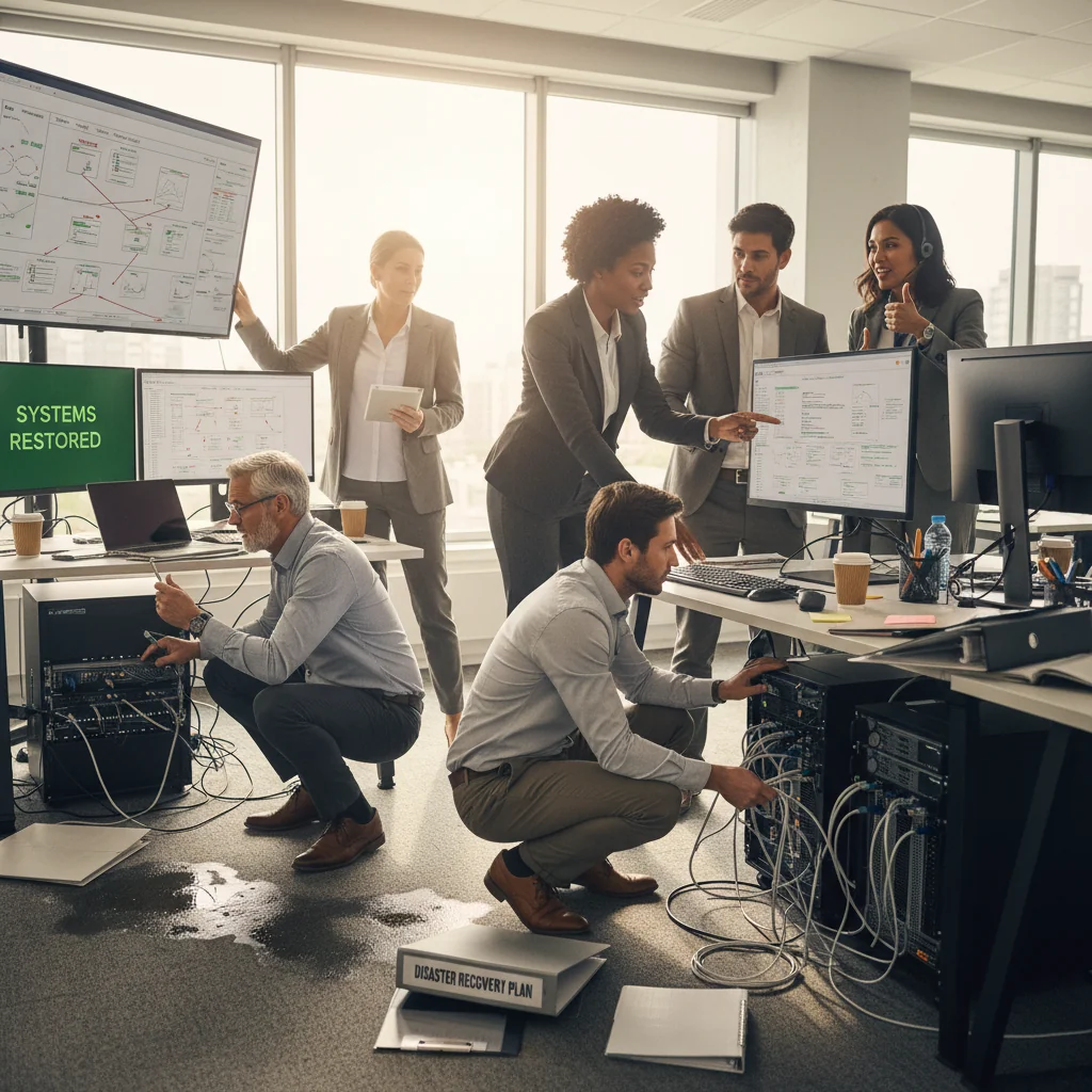 A photorealistic image depicting business professionals in a modern office recovering from a simulated disaster, such as restoring data from servers after a cyber attack, symbolizing disaster recovery planning. The scene shows resilience and preparedness in a corporate environment, with no children present.