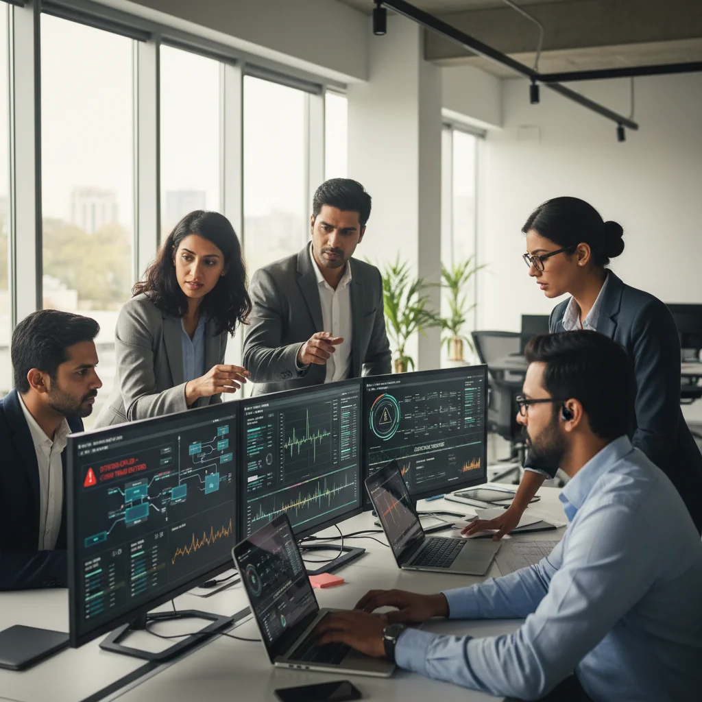 A photorealistic image depicting business continuity in India, showing a diverse team of Indian professionals in a modern office setting, collaboratively reviewing digital dashboards on computers during a simulated crisis, symbolizing resilience and preparedness, with subtle Indian cultural elements like traditional attire or landmarks in the background, conveying stability and forward momentum in business operations.
