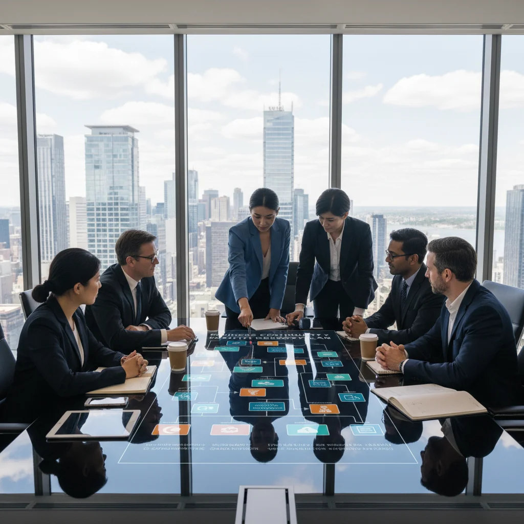 A photorealistic image of a professional business team in a modern Canadian office, collaboratively reviewing a business continuity plan on a large digital screen, symbolizing preparedness and compliance for BCP and DRP in a corporate setting, with elements like the Canadian flag subtly in the background, no children present.