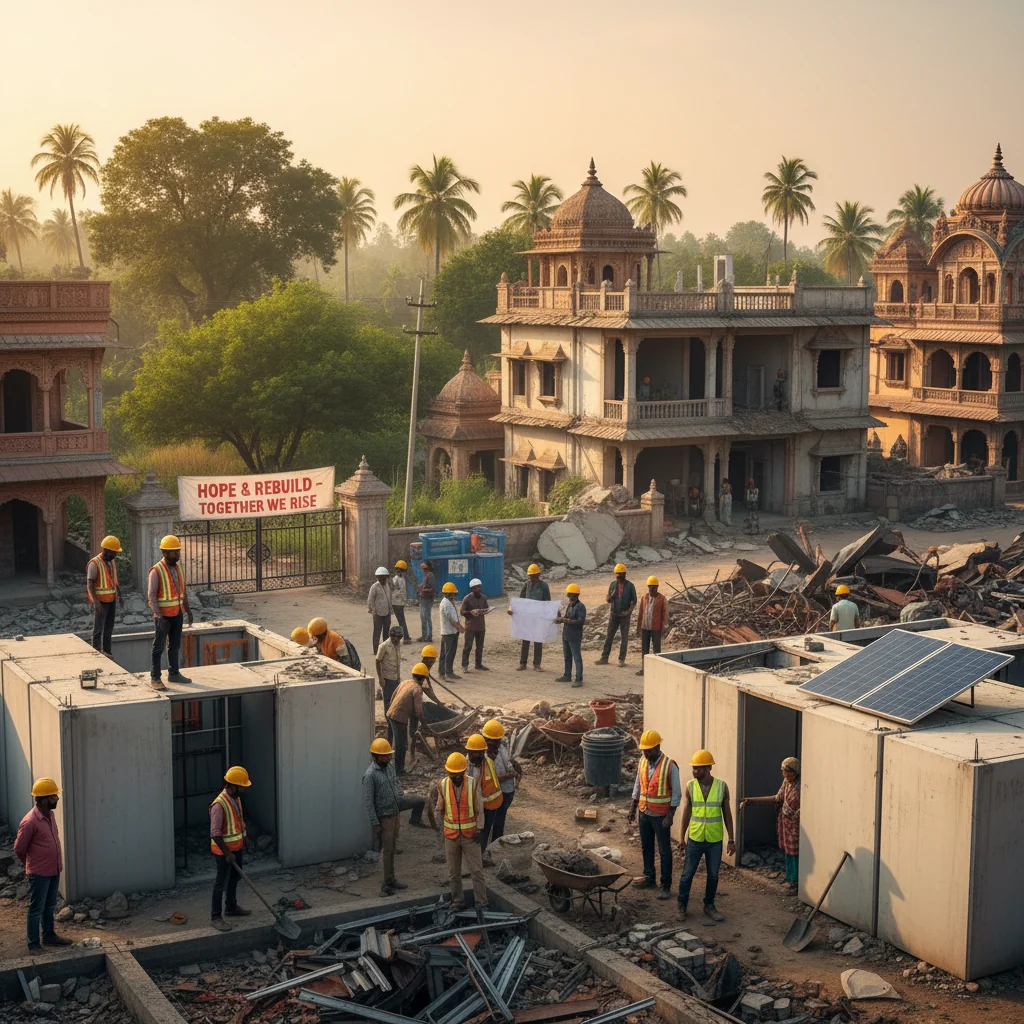 A photorealistic image depicting disaster recovery efforts in India, showing adult professionals and volunteers collaboratively rebuilding a community after a natural disaster like a flood or earthquake. The scene includes diverse Indian adults helping construct homes, distribute aid, and restore infrastructure in a rural or semi-urban setting, emphasizing hope, resilience, and organized recovery. No children are present in the image.
