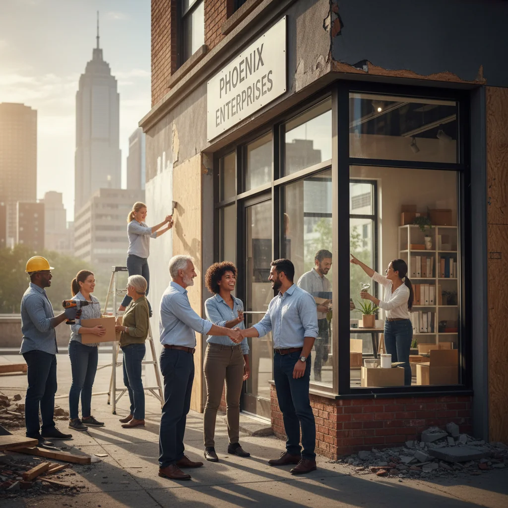 A photorealistic image depicting the restoration of a business after a disaster, showing a diverse team of adult professionals collaboratively rebuilding and reopening a modern office or storefront, symbolizing resilience and recovery, with elements like construction workers fixing structures and business people shaking hands in front of a revived enterprise, no children present.