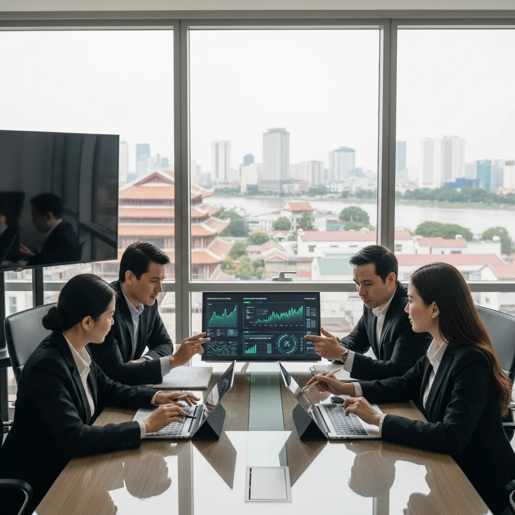 A photorealistic image depicting a diverse team of adult professionals in a modern Vietnamese office environment, collaboratively reviewing disaster recovery plans on large screens and documents, symbolizing business resilience and recovery from disasters in Vietnam. The scene conveys determination and teamwork, with elements like computers, charts, and subtle Vietnamese cultural motifs in the background, but no children or text in the image.