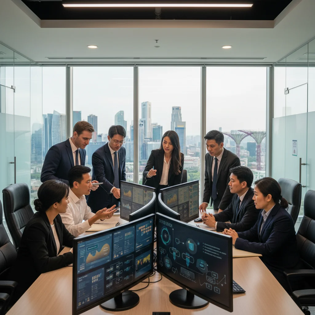 A photorealistic image of a diverse team of adult professionals in a modern Singapore office, collaboratively reviewing digital dashboards on multiple screens during a simulated business disruption exercise, symbolizing preparedness and resilience with the Singapore skyline visible through large windows in the background, conveying confidence and strategic planning for business continuity.