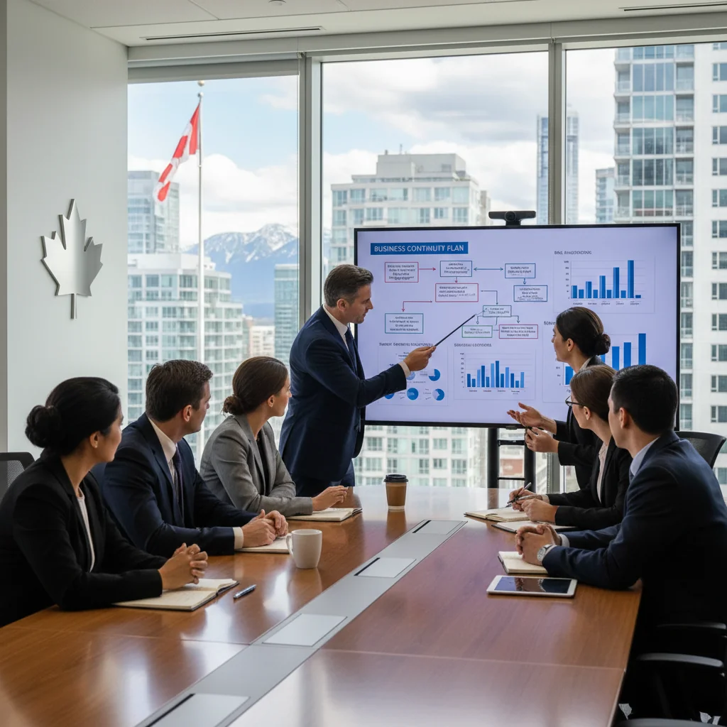 A photorealistic image representing business continuity in a Canadian corporate setting, showing a diverse team of professionals in a modern office collaboratively reviewing a digital dashboard on a large screen, with elements like a Canadian flag subtly in the background, symbolizing preparedness and resilience against disruptions, no children present.