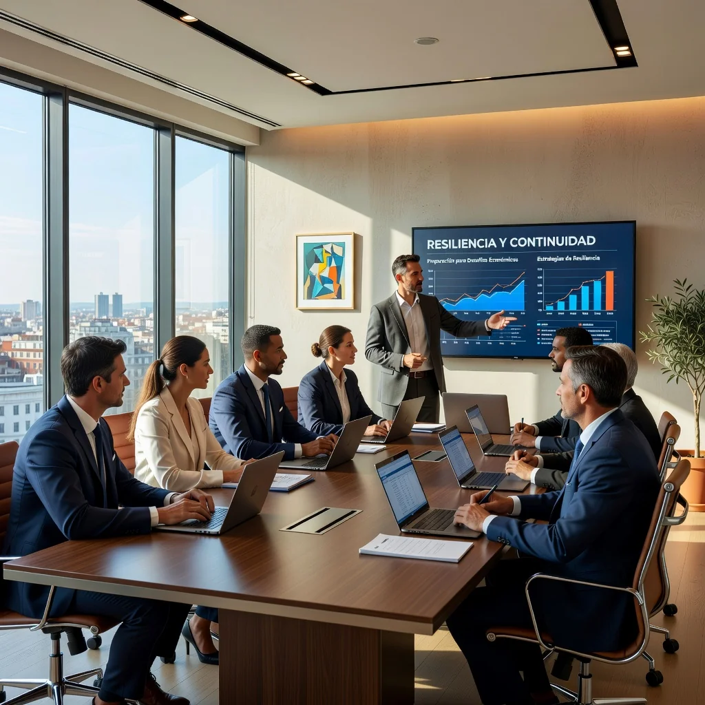 A photorealistic image depicting business continuity in a Spanish corporate setting, showing a diverse team of professionals in a modern office in Madrid, Spain, collaborating confidently around a conference table with laptops and charts, symbolizing resilience and preparedness against disruptions, with subtle Spanish elements like a flag or architecture in the background, conveying stability and forward momentum in the business environment.