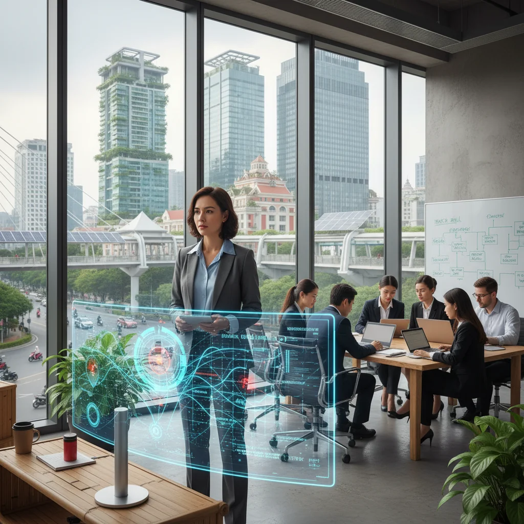 A photorealistic image depicting a modern Vietnamese business professional in a high-tech office in Hanoi, confidently reviewing digital disaster recovery plans on multiple screens during a simulated crisis scenario, symbolizing sustainable development and business continuity in Vietnam's growing economy. The scene includes elements like city skyline views, resilient infrastructure, and a sense of preparedness without any documents visible.