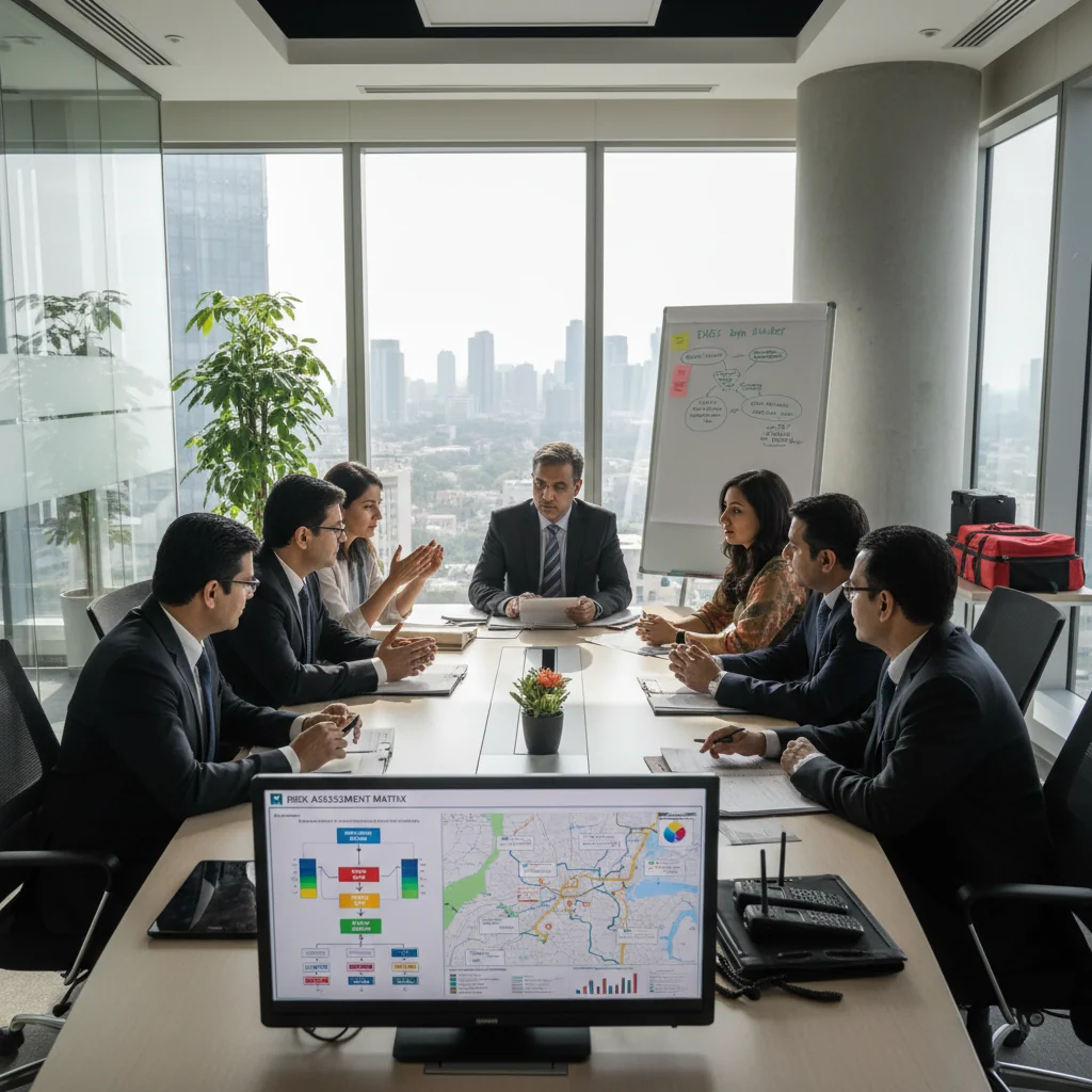 A photorealistic image depicting a diverse group of Indian business professionals in a modern office setting, collaboratively reviewing disaster management plans on large screens, showing resilience and preparedness with maps and strategy charts in the background, no children present.
