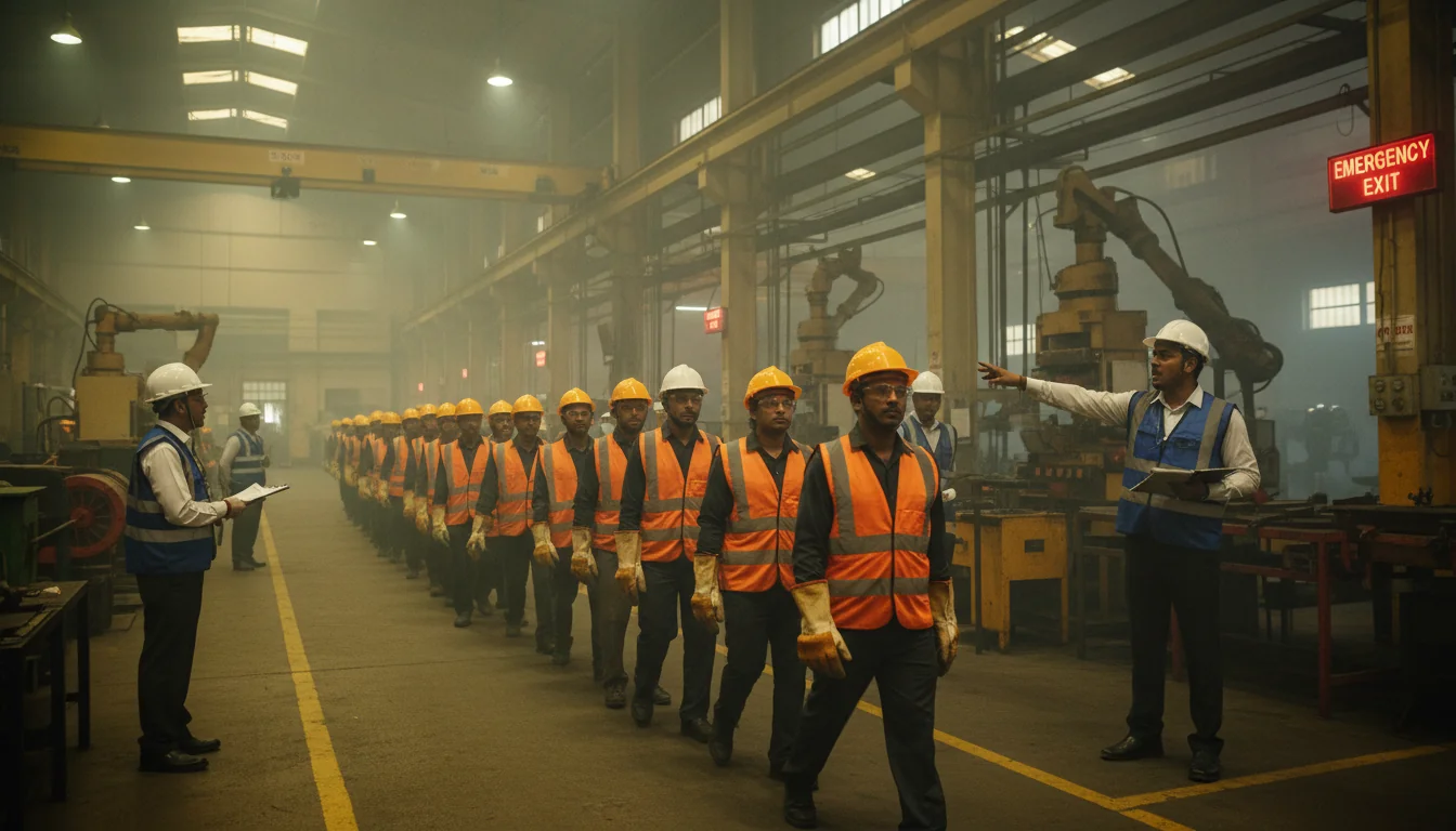 Factory workers executing emergency drill