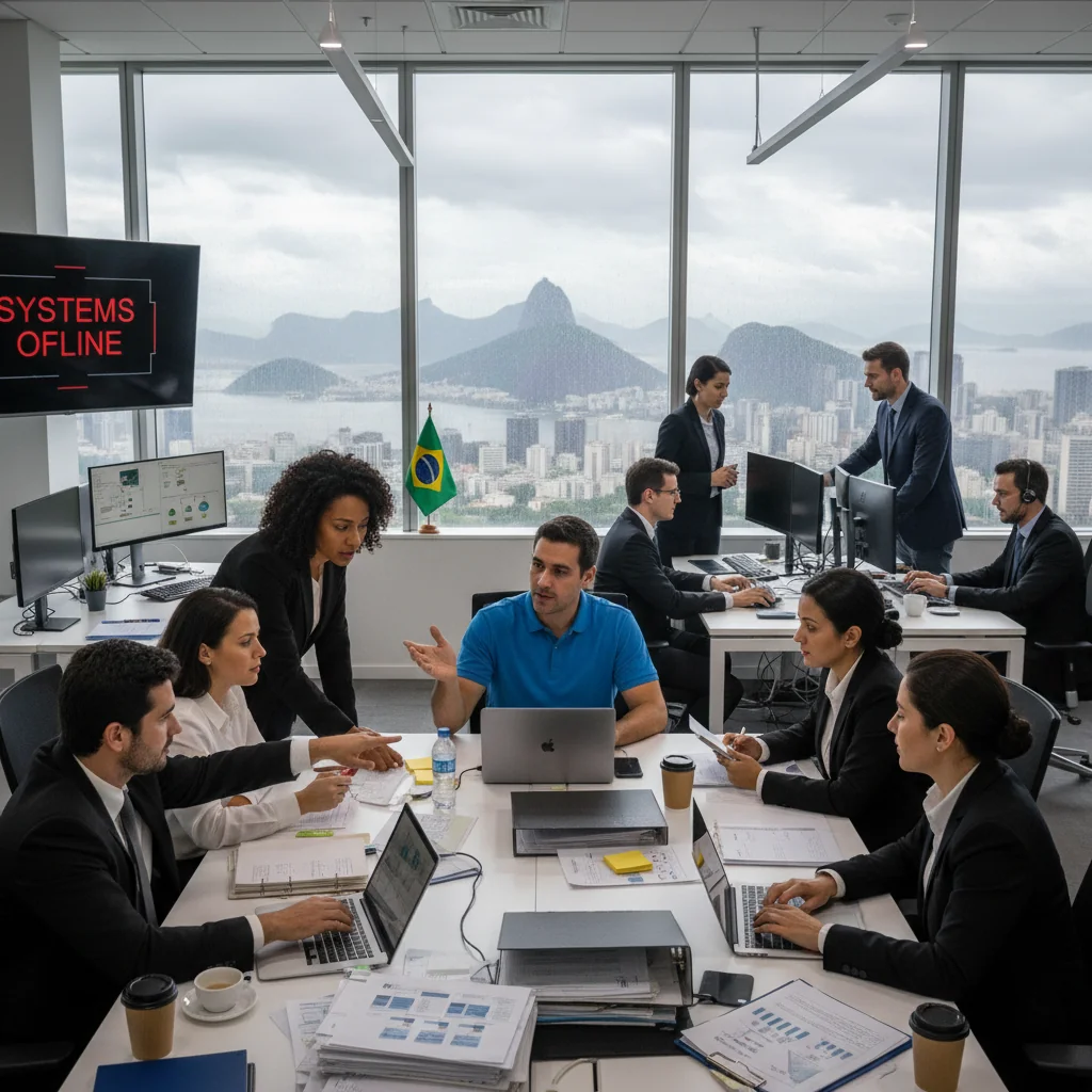 A photorealistic image depicting business professionals in a modern Brazilian office recovering from a disaster, such as reviewing data on laptops after a flood, symbolizing effective disaster recovery planning for Brazilian companies. The scene shows resilience and preparedness in a corporate setting, with Brazilian elements like a flag or city skyline in the background. No children are present.