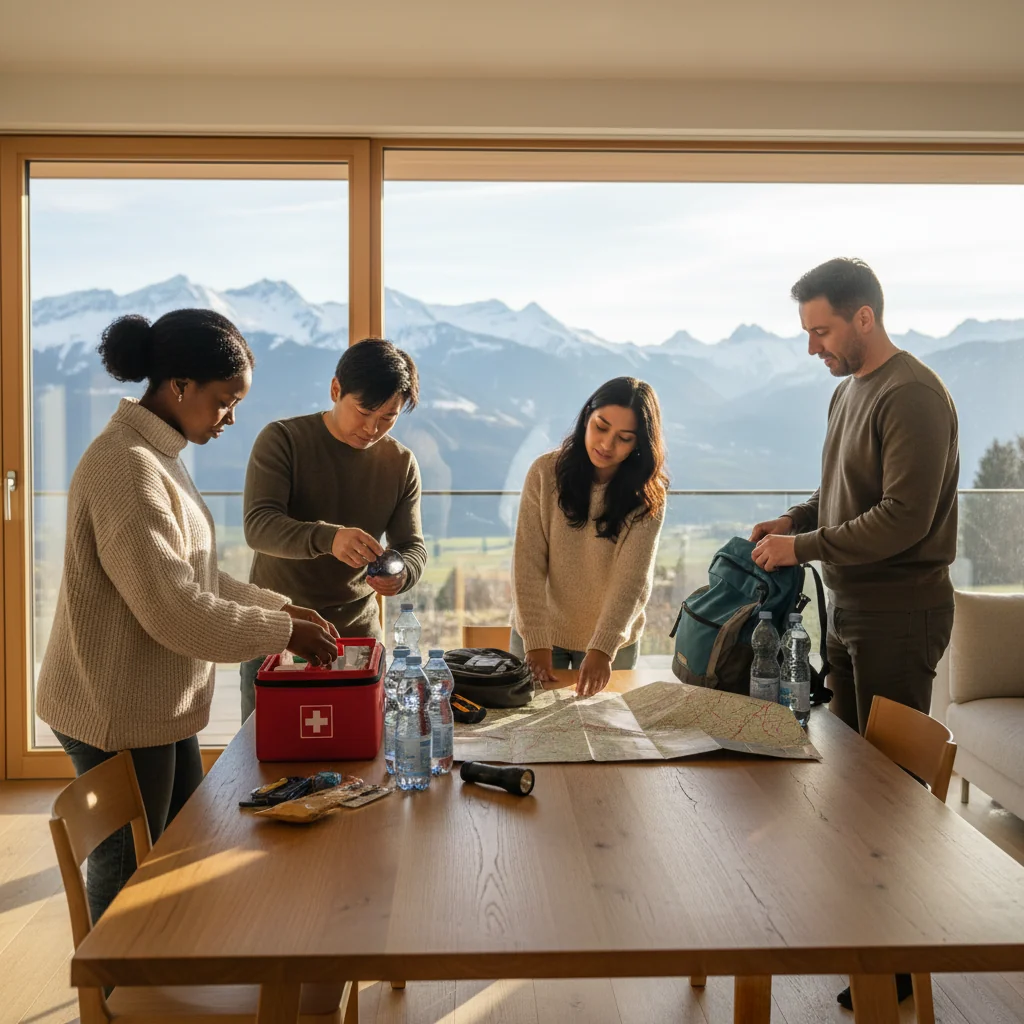 A photorealistic image depicting a group of adults in Switzerland preparing for an emergency, such as gathering supplies in a safe room with Swiss flags and mountainous backdrop, symbolizing a national emergency plan.