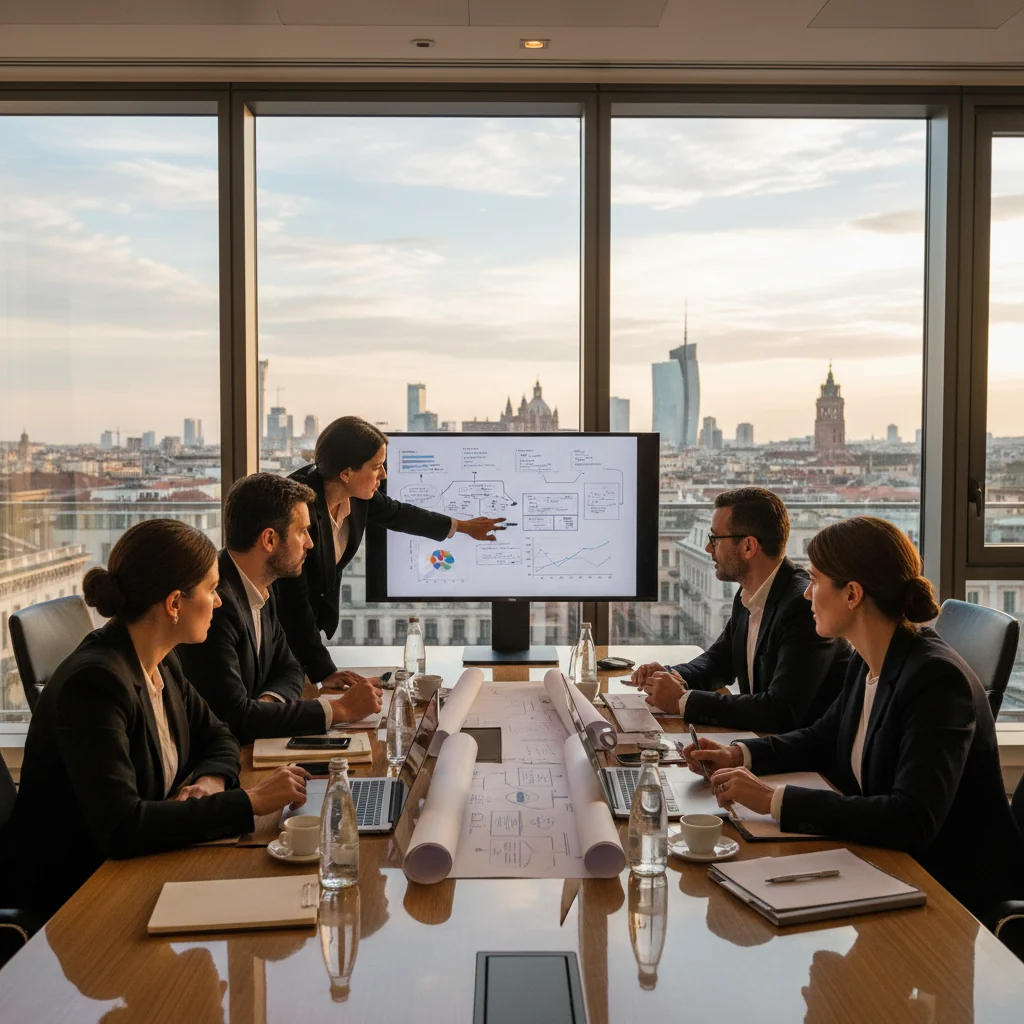 A photorealistic image representing business continuity in an Italian company, showing a diverse team of adult professionals in a modern office setting, working together on laptops and discussing plans around a conference table with Italian flag elements in the background, symbolizing resilience and preparedness against disruptions, no children present.