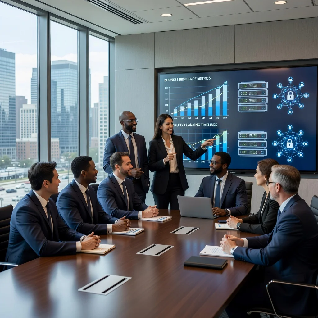 A photorealistic image symbolizing business continuity, featuring a diverse team of adult professionals in a modern office setting, collaboratively reviewing a digital dashboard on a large screen that displays resilience metrics and recovery strategies, with city skyline visible through windows, conveying preparedness and stability without showing any documents or children.