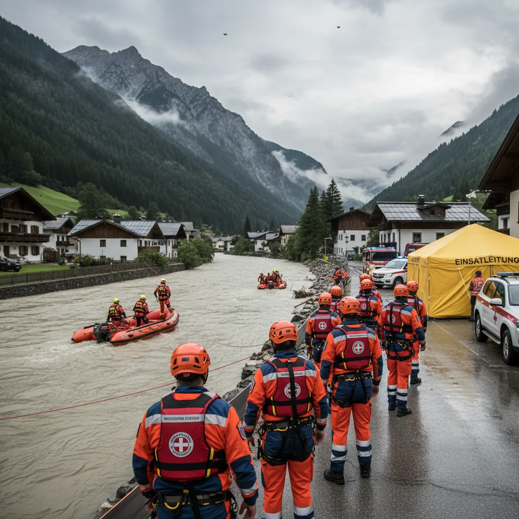 A photorealistic image depicting a coordinated emergency response team in action during a natural disaster in Austria, such as a flood or mountain rescue operation, with professionals in uniforms assessing the situation and helping adults, emphasizing preparedness and legal best practices without showing any corporate documents or children.