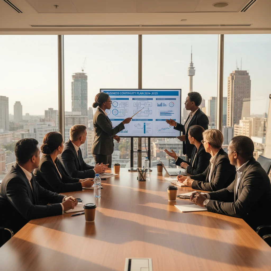 A photorealistic image of a diverse team of South African professionals in a modern office setting, collaboratively reviewing a business continuity strategy on a large digital screen, symbolizing preparedness and resilience against disruptions, with elements of South African culture like subtle flag motifs in the background, no children present.
