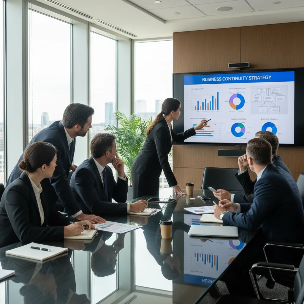A photorealistic image of a diverse team of adult professionals in a modern office environment, collaboratively reviewing a business continuity plan on a large screen, symbolizing preparedness and resilience for enterprise continuity.