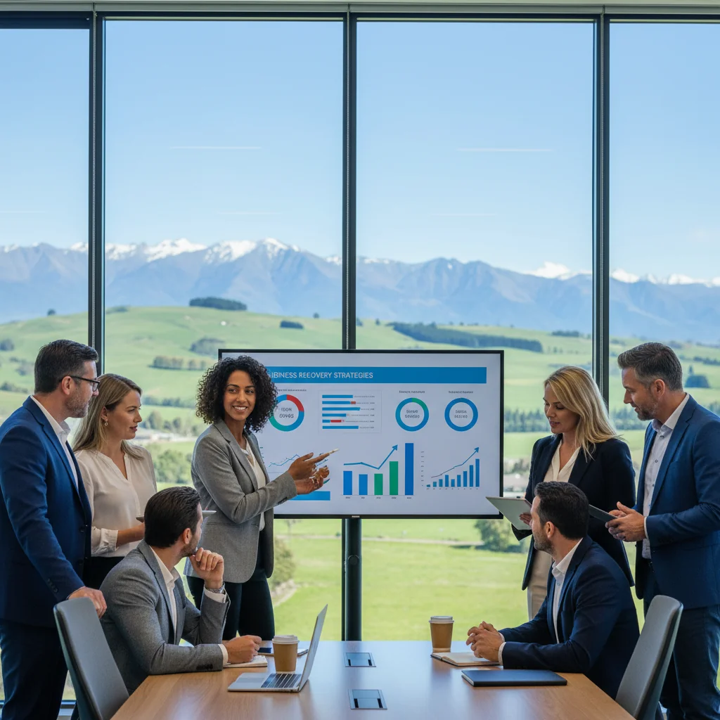 A photorealistic image symbolizing business continuity and resilience in New Zealand, featuring a diverse team of adult professionals in a modern office overlooking a scenic New Zealand landscape like mountains or harbors, collaboratively reviewing a digital dashboard on a large screen showing recovery metrics and contingency plans, conveying preparedness and teamwork without any focus on physical documents.