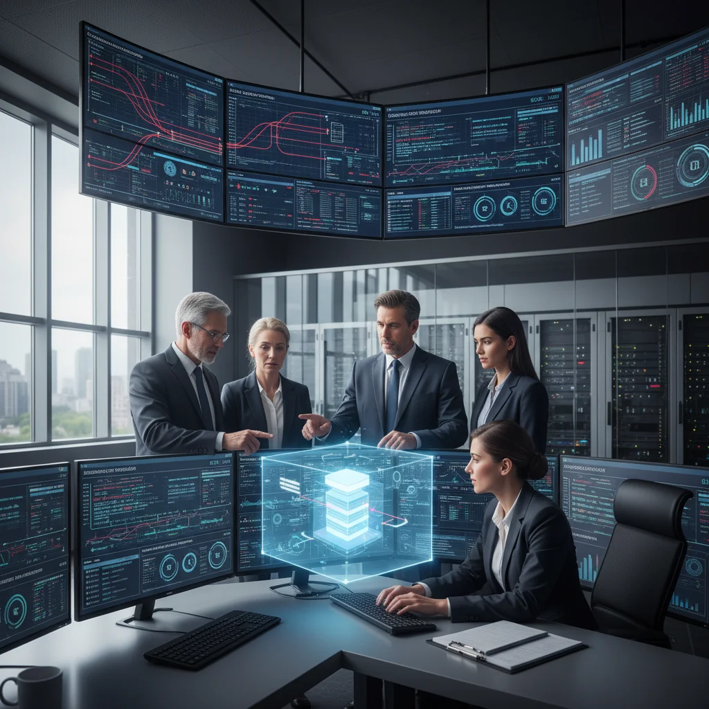 A photorealistic image depicting business continuity and disaster recovery in a modern corporate setting, showing a diverse team of professionals in a high-tech control room monitoring digital screens displaying recovery metrics and backup systems, with subtle elements like server racks and data flow visuals in the background, conveying resilience and preparedness against disasters, no children present.